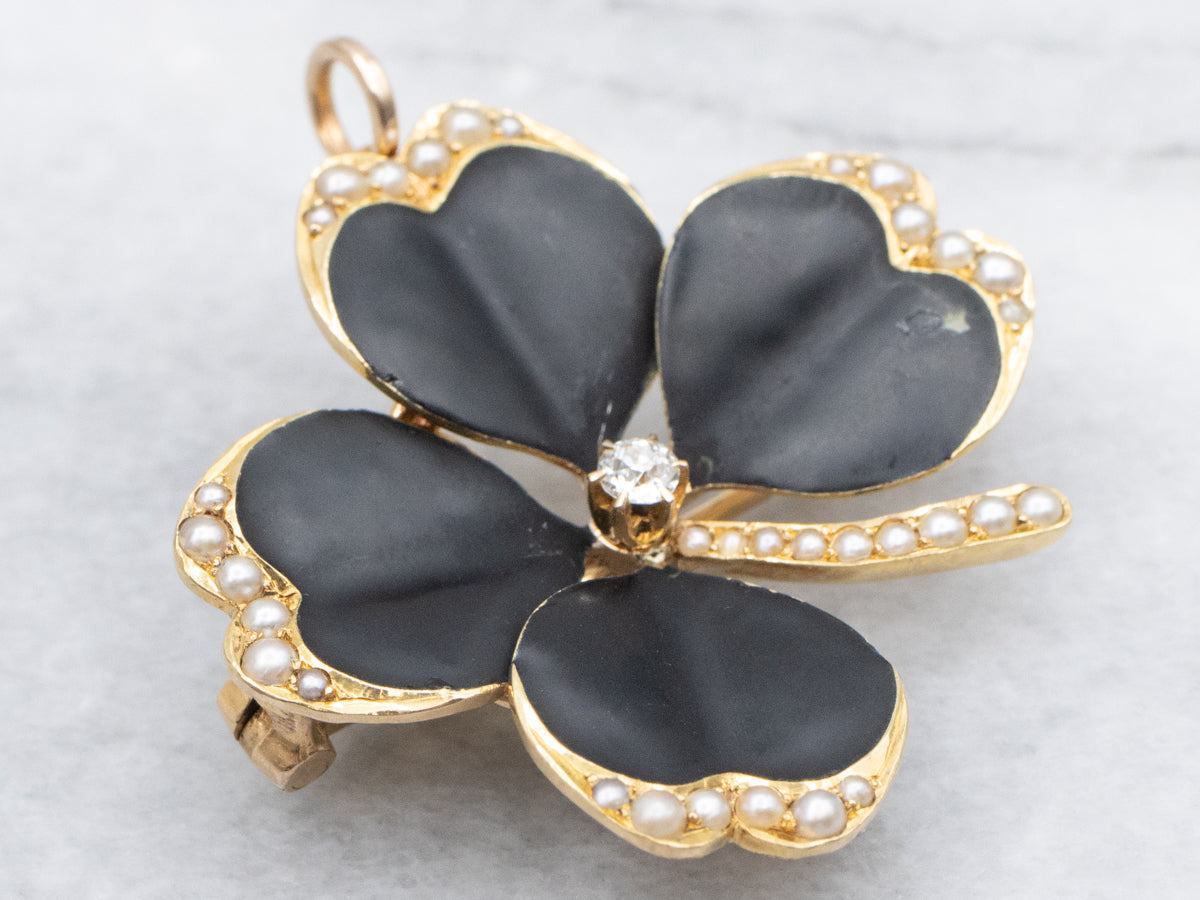 Antique Enamel Seed Pearl and Diamond Four-Leaf Clover Brooch or Pendant