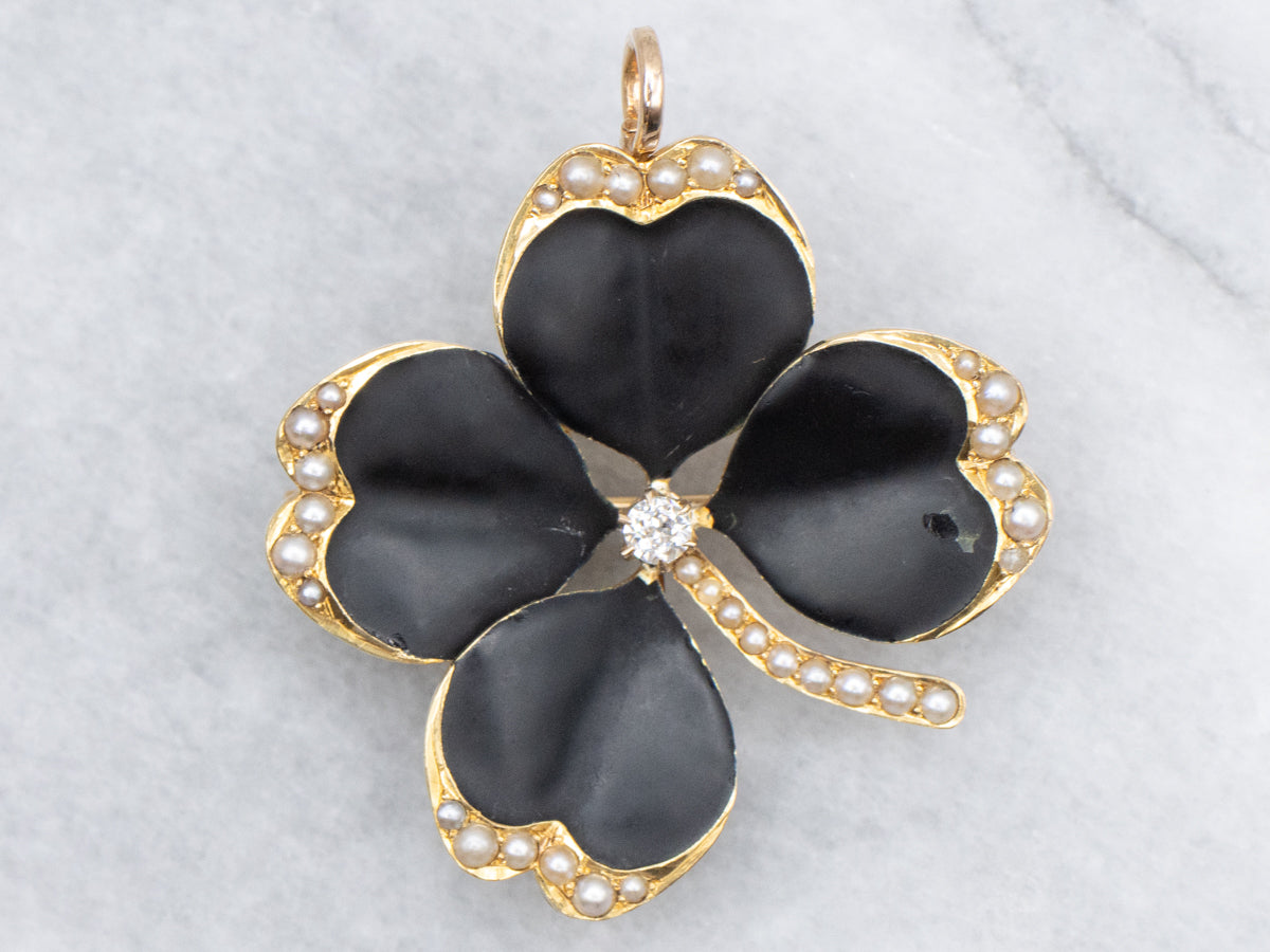 Antique Enamel Seed Pearl and Diamond Four-Leaf Clover Brooch or Pendant