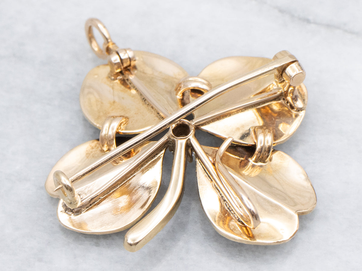 Antique Enamel Seed Pearl and Diamond Four-Leaf Clover Brooch or Pendant