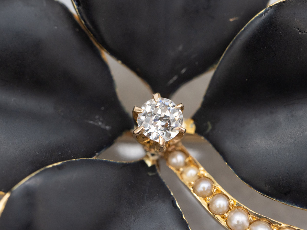 Antique Enamel Seed Pearl and Diamond Four-Leaf Clover Brooch or Pendant