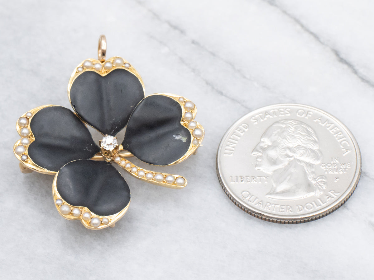 Antique Enamel Seed Pearl and Diamond Four-Leaf Clover Brooch or Pendant