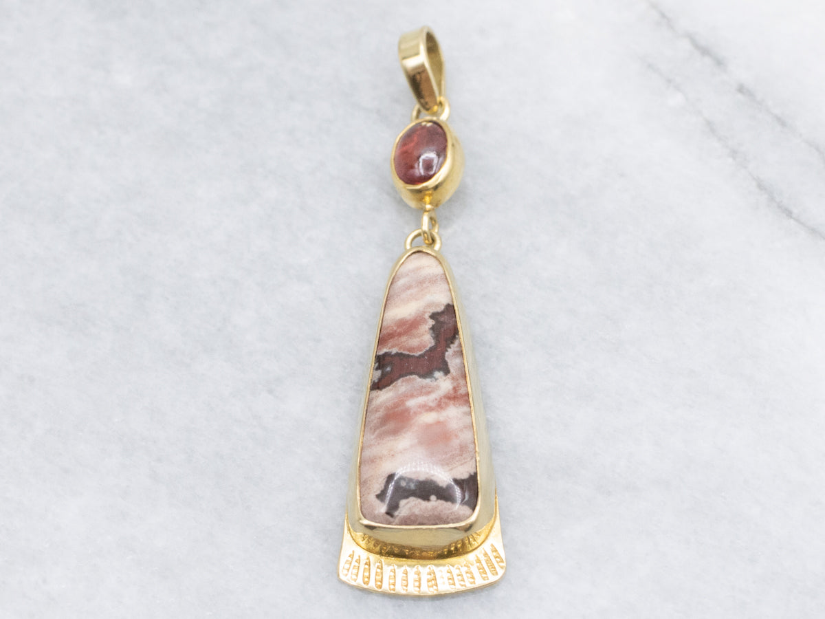 18-Karat Gold Jasper and Garnet Cabochon Drop Pendant
