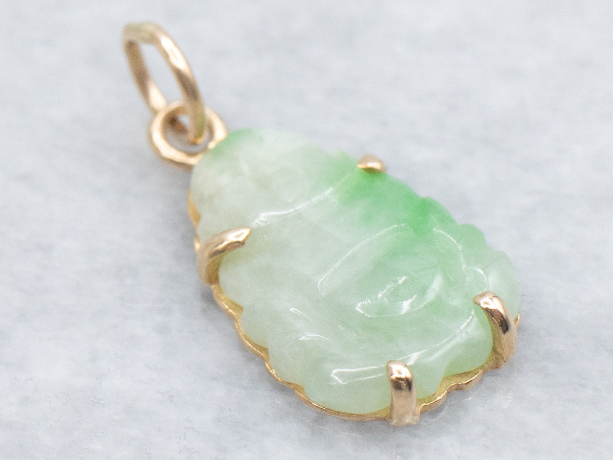 Carved Jadeite Buddha and Gold Pendant