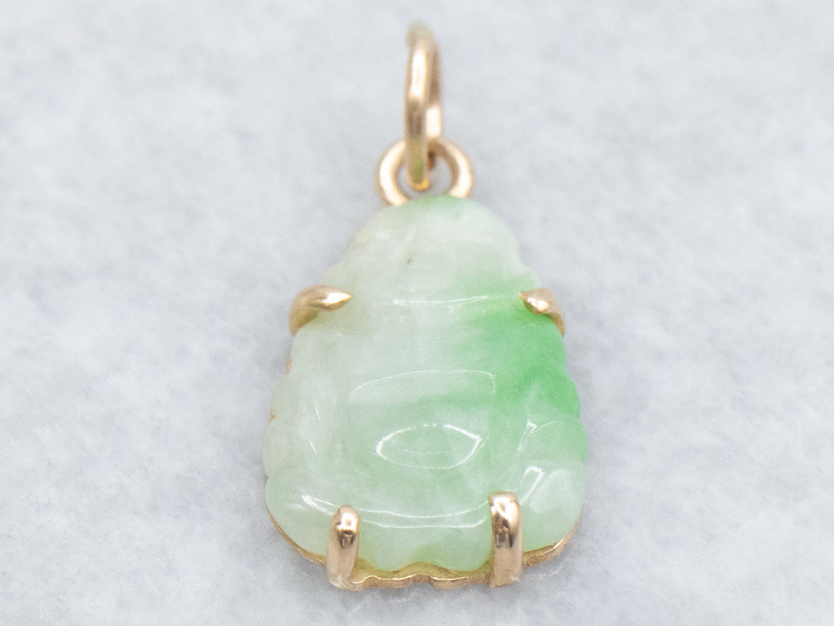 Carved Jadeite Buddha and Gold Pendant