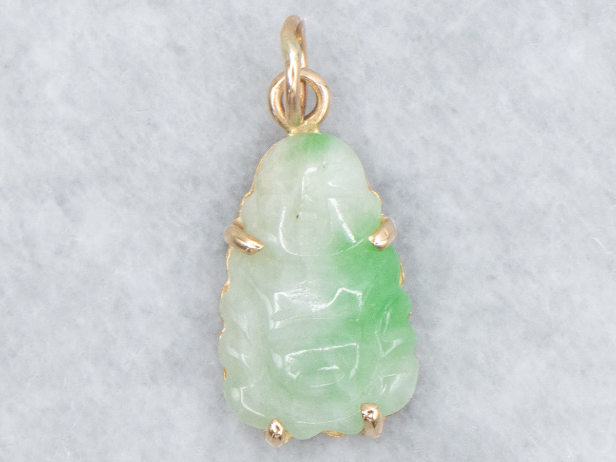 Carved Jadeite Buddha and Gold Pendant