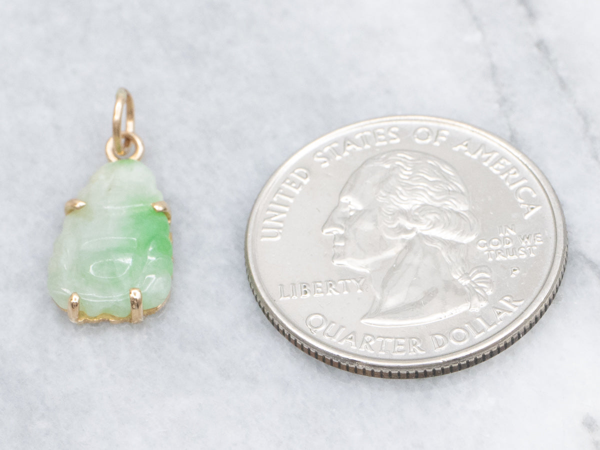 Carved Jadeite Buddha and Gold Pendant