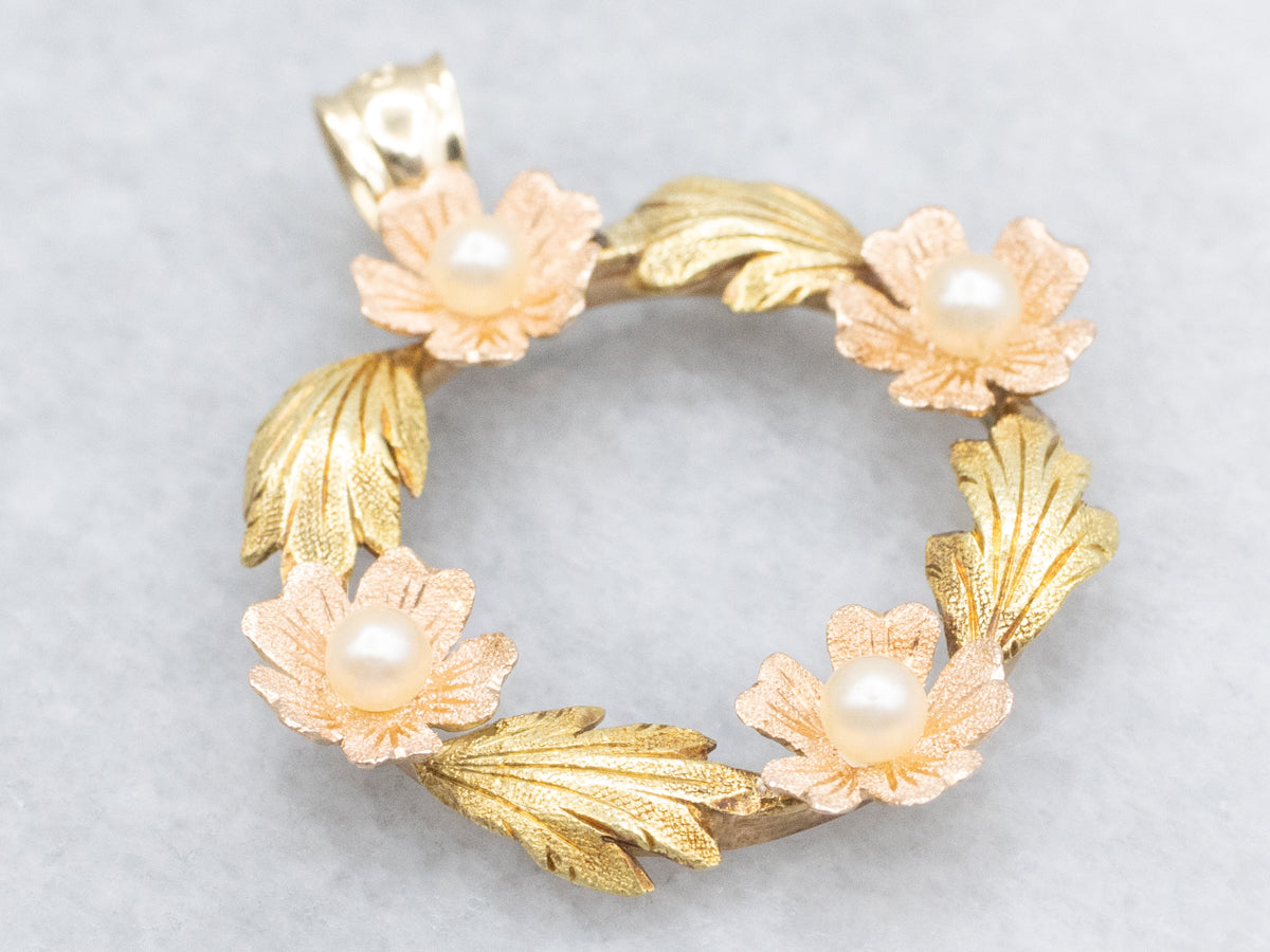 Mid-century Textured Gold and Pearl Floral Wreath Pendant