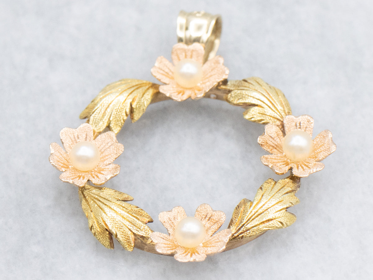 Mid-century Textured Gold and Pearl Floral Wreath Pendant