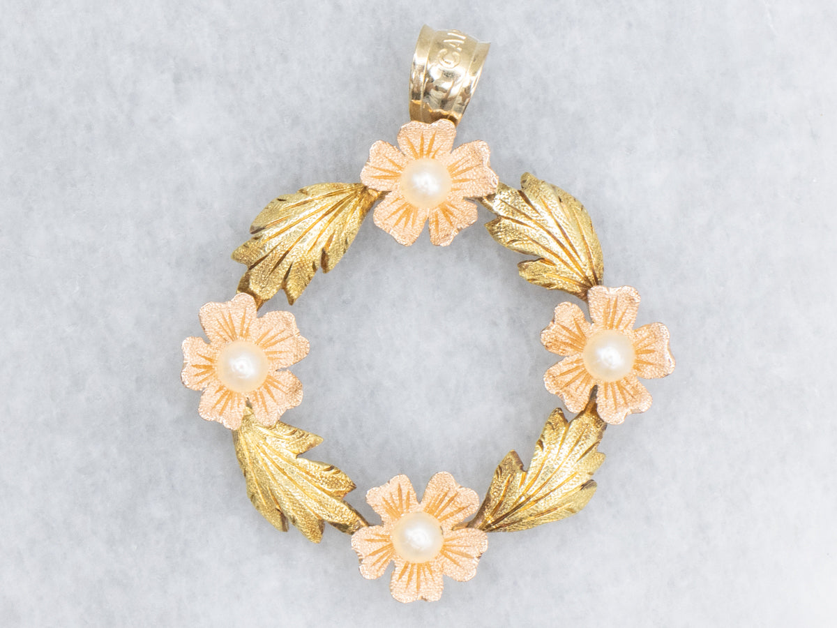 Mid-century Textured Gold and Pearl Floral Wreath Pendant