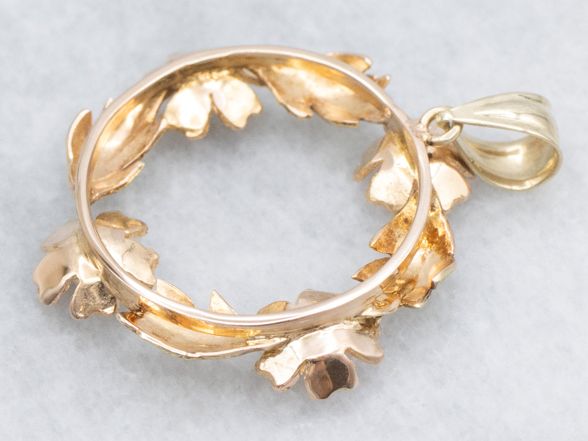 Mid-century Textured Gold and Pearl Floral Wreath Pendant