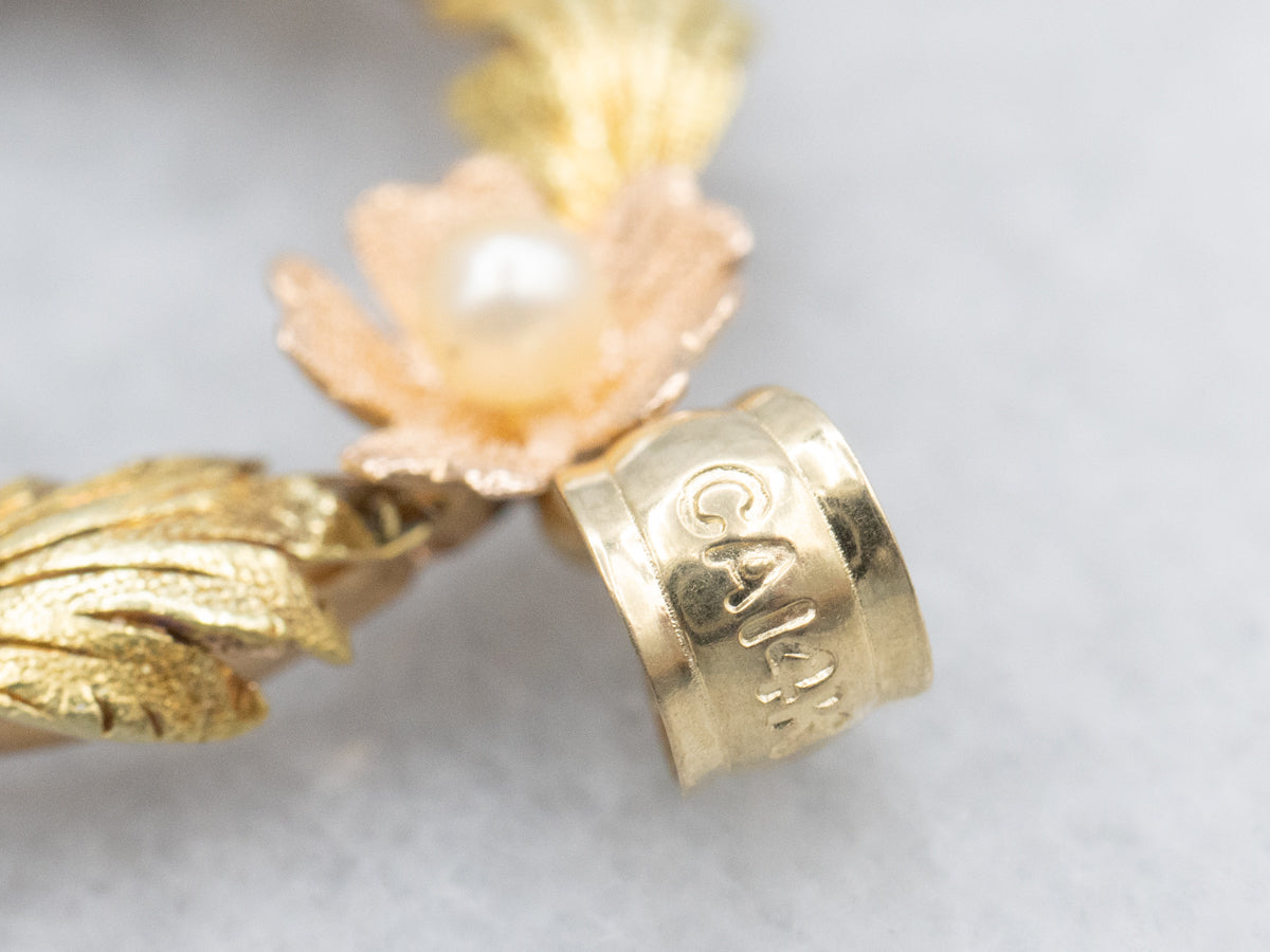 Mid-century Textured Gold and Pearl Floral Wreath Pendant