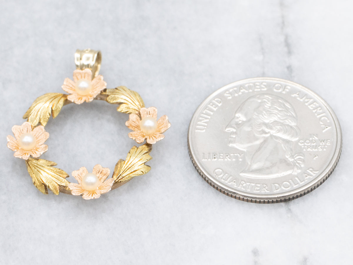 Mid-century Textured Gold and Pearl Floral Wreath Pendant
