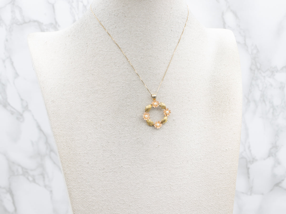 Mid-century Textured Gold and Pearl Floral Wreath Pendant
