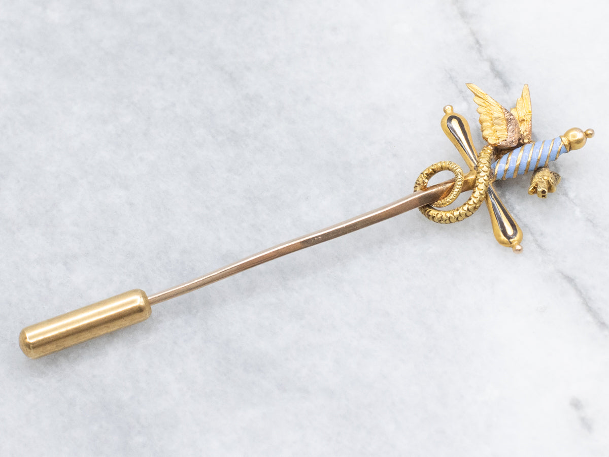 Antique Enamel and Gold Dragon and Sword Stick Pin