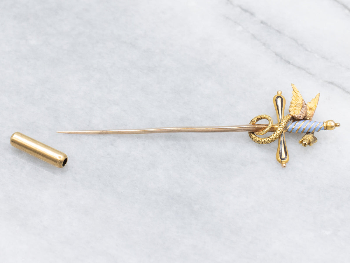 Antique Enamel and Gold Dragon and Sword Stick Pin