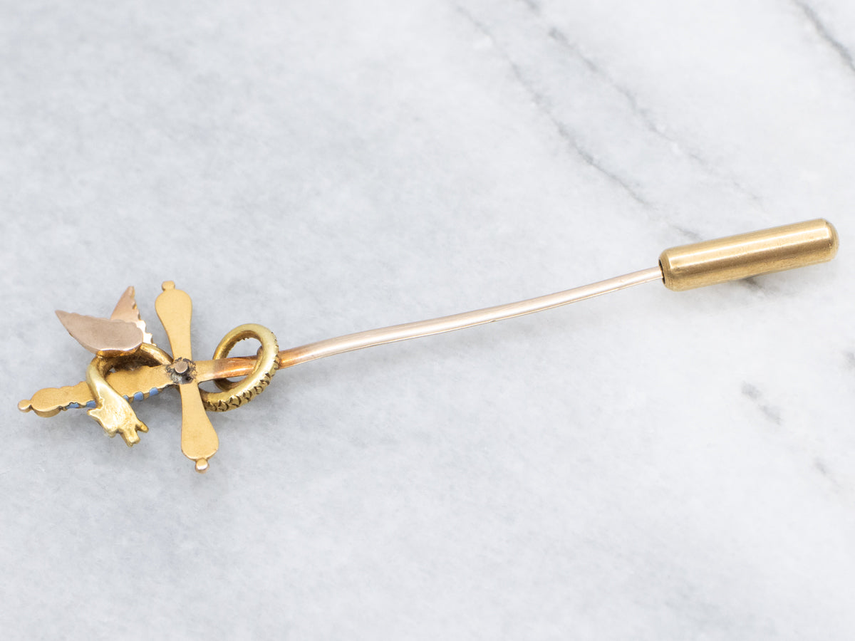 Antique Enamel and Gold Dragon and Sword Stick Pin