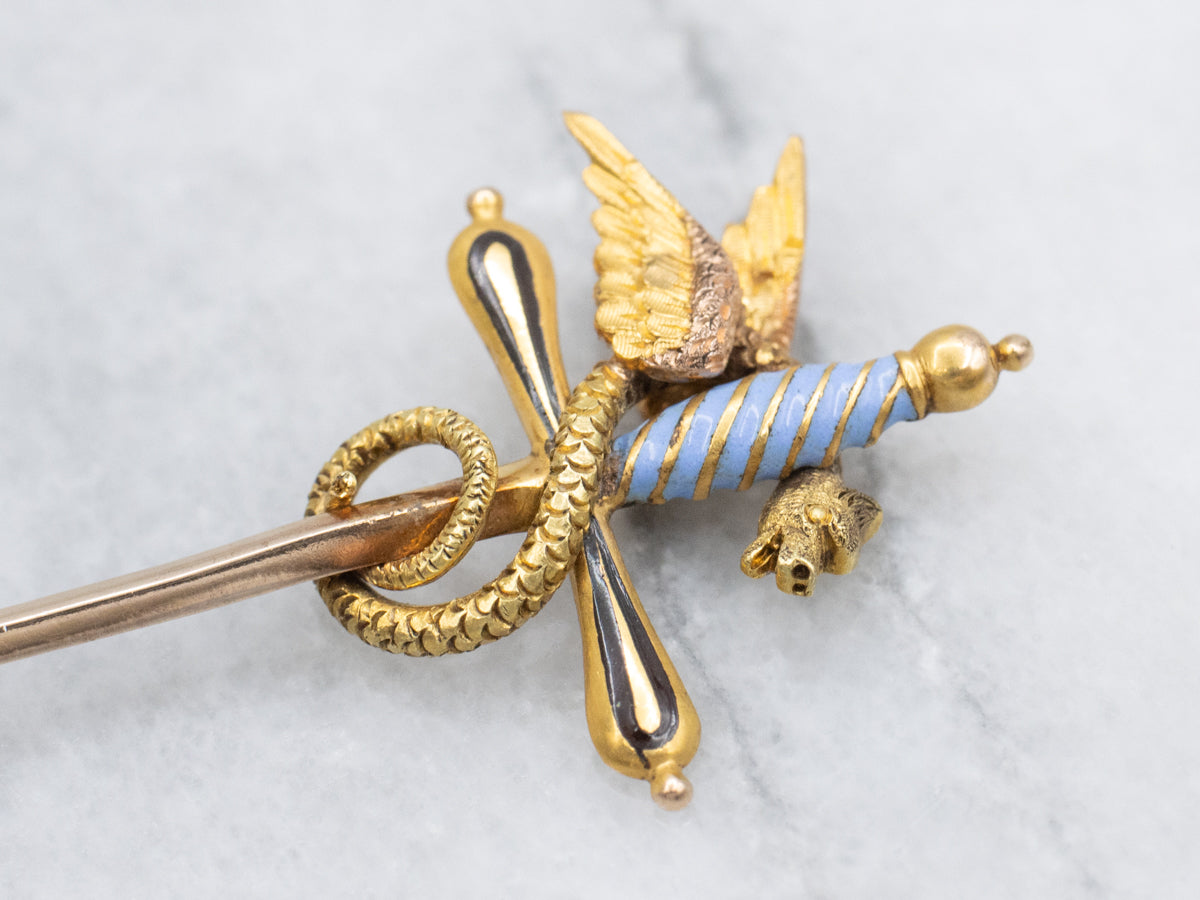 Antique Enamel and Gold Dragon and Sword Stick Pin