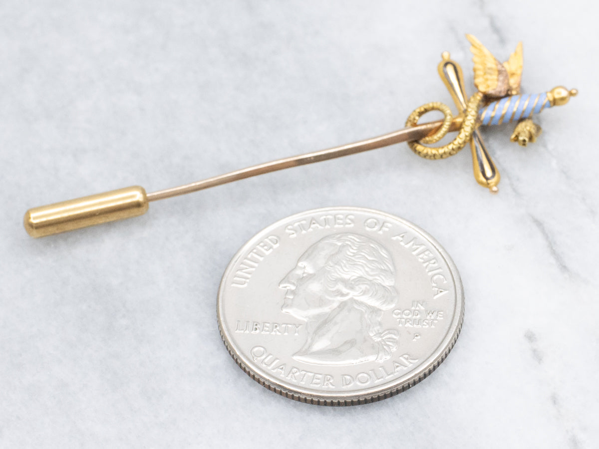 Antique Enamel and Gold Dragon and Sword Stick Pin
