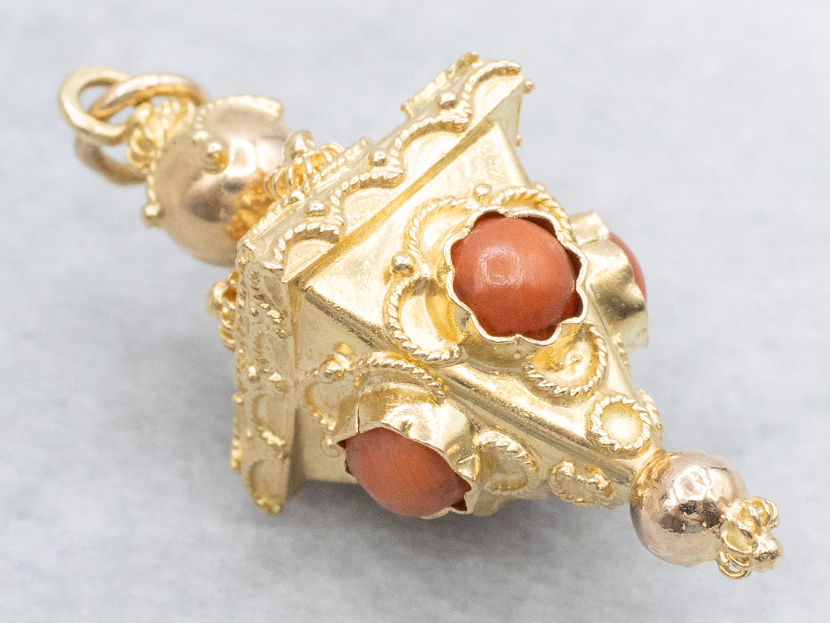 Ornate Coral Cabochon Antique Gold Fob Pendant