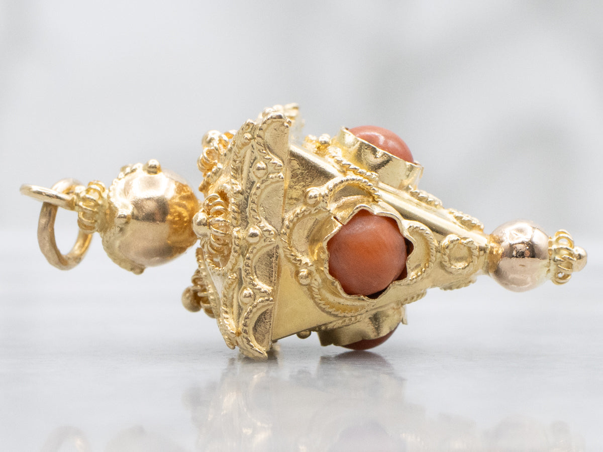 Ornate Coral Cabochon Antique Gold Fob Pendant