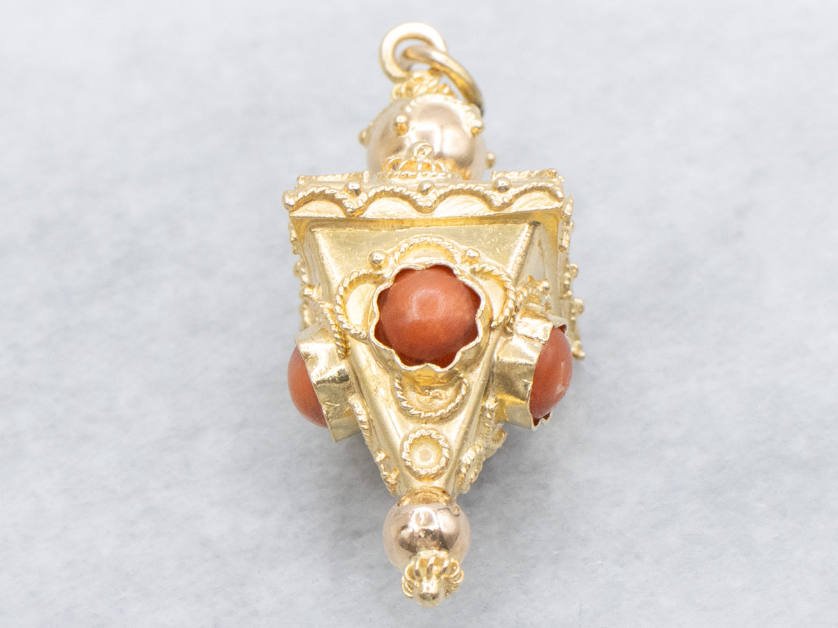 Ornate Coral Cabochon Antique Gold Fob Pendant