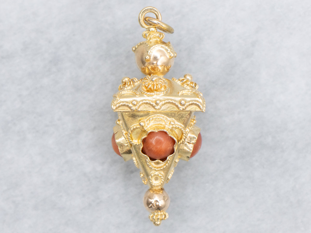 Ornate Coral Cabochon Antique Gold Fob Pendant