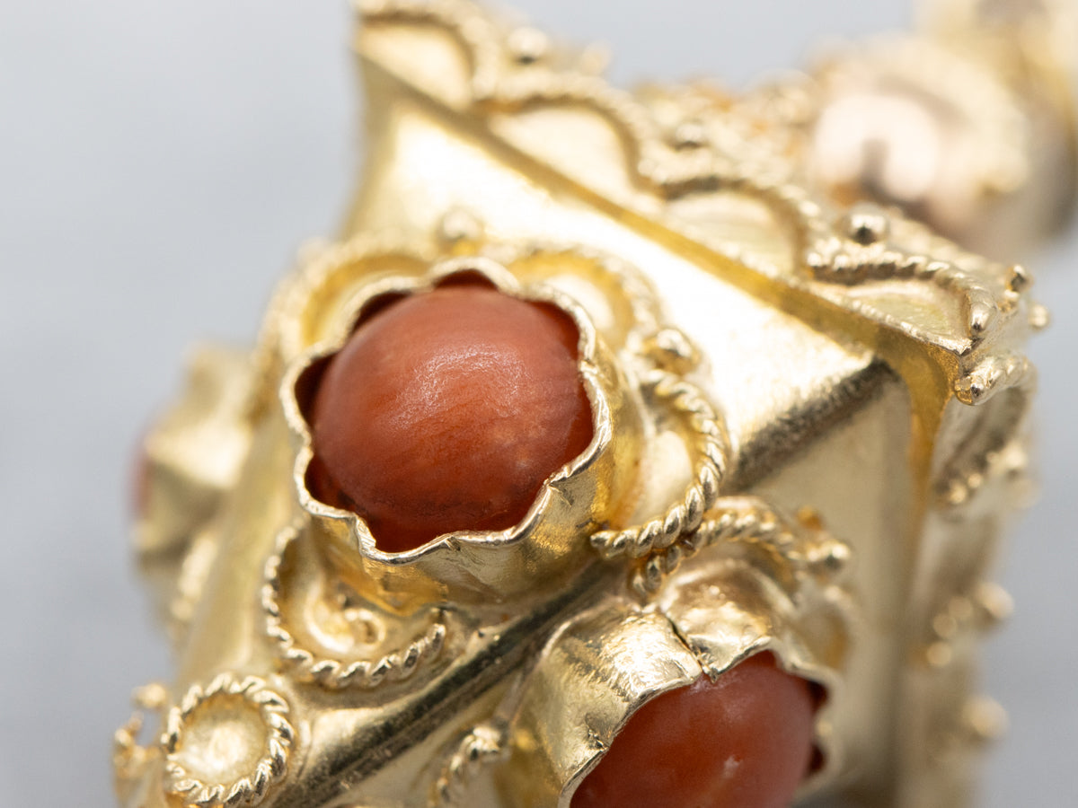 Ornate Coral Cabochon Antique Gold Fob Pendant