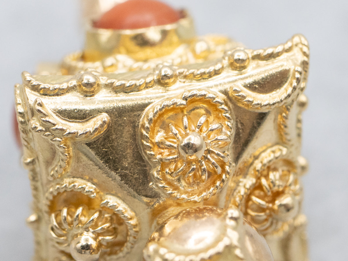 Ornate Coral Cabochon Antique Gold Fob Pendant