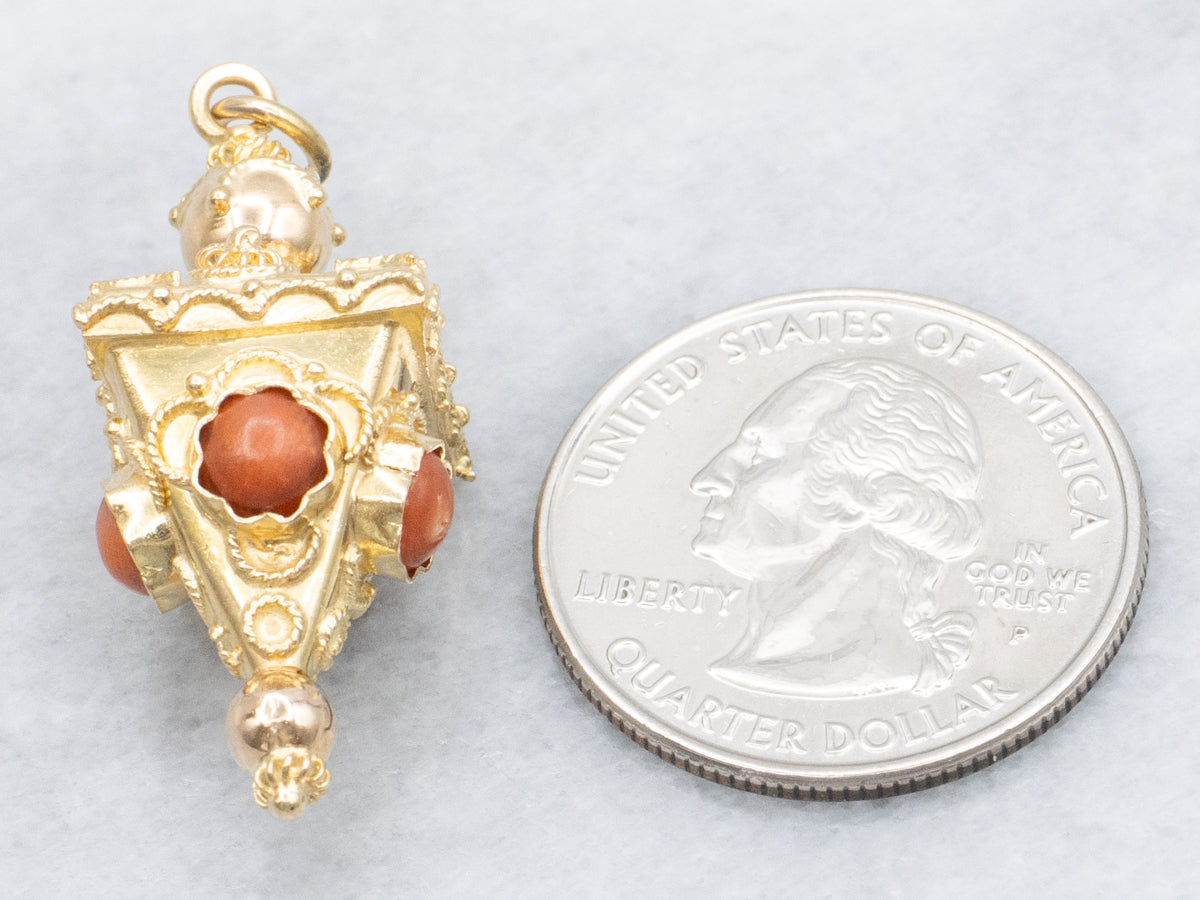 Ornate Coral Cabochon Antique Gold Fob Pendant
