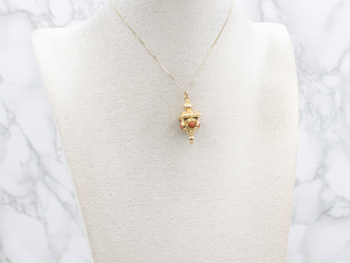 Ornate Coral Cabochon Antique Gold Fob Pendant
