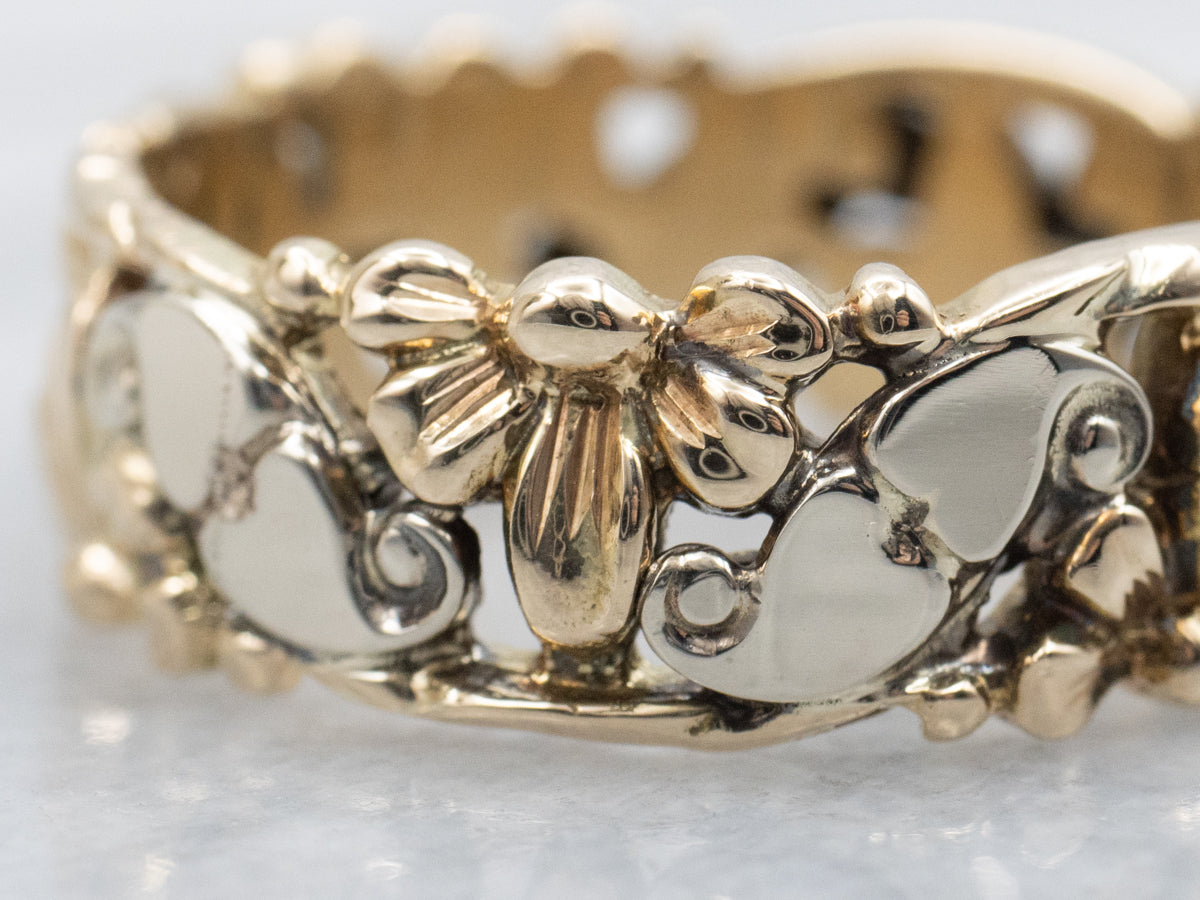 Vintage Two-Tone Gold Floral Sweetheart Pattern Band