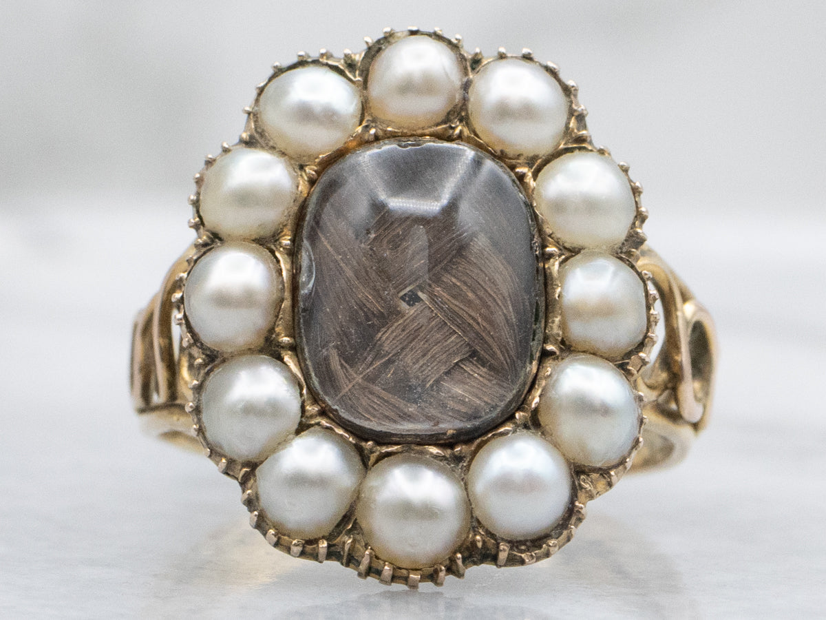 Georgian-Era Natural Pearl Halo Antique Gold Mourning Ring