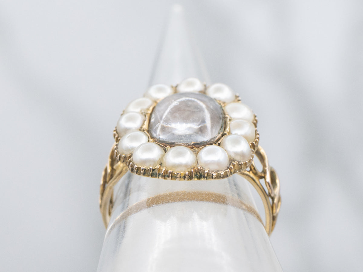 Georgian-Era Natural Pearl Halo Antique Gold Mourning Ring