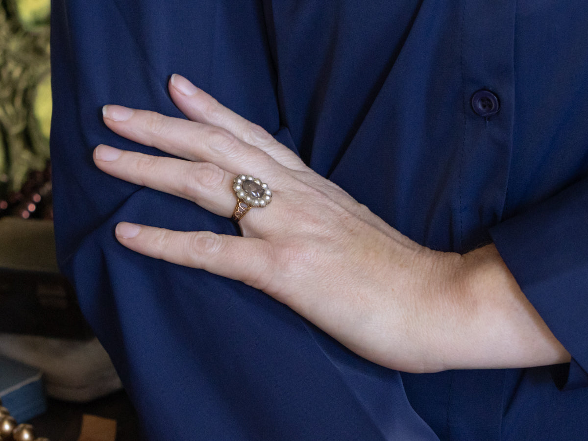 Georgian-Era Natural Pearl Halo Antique Gold Mourning Ring