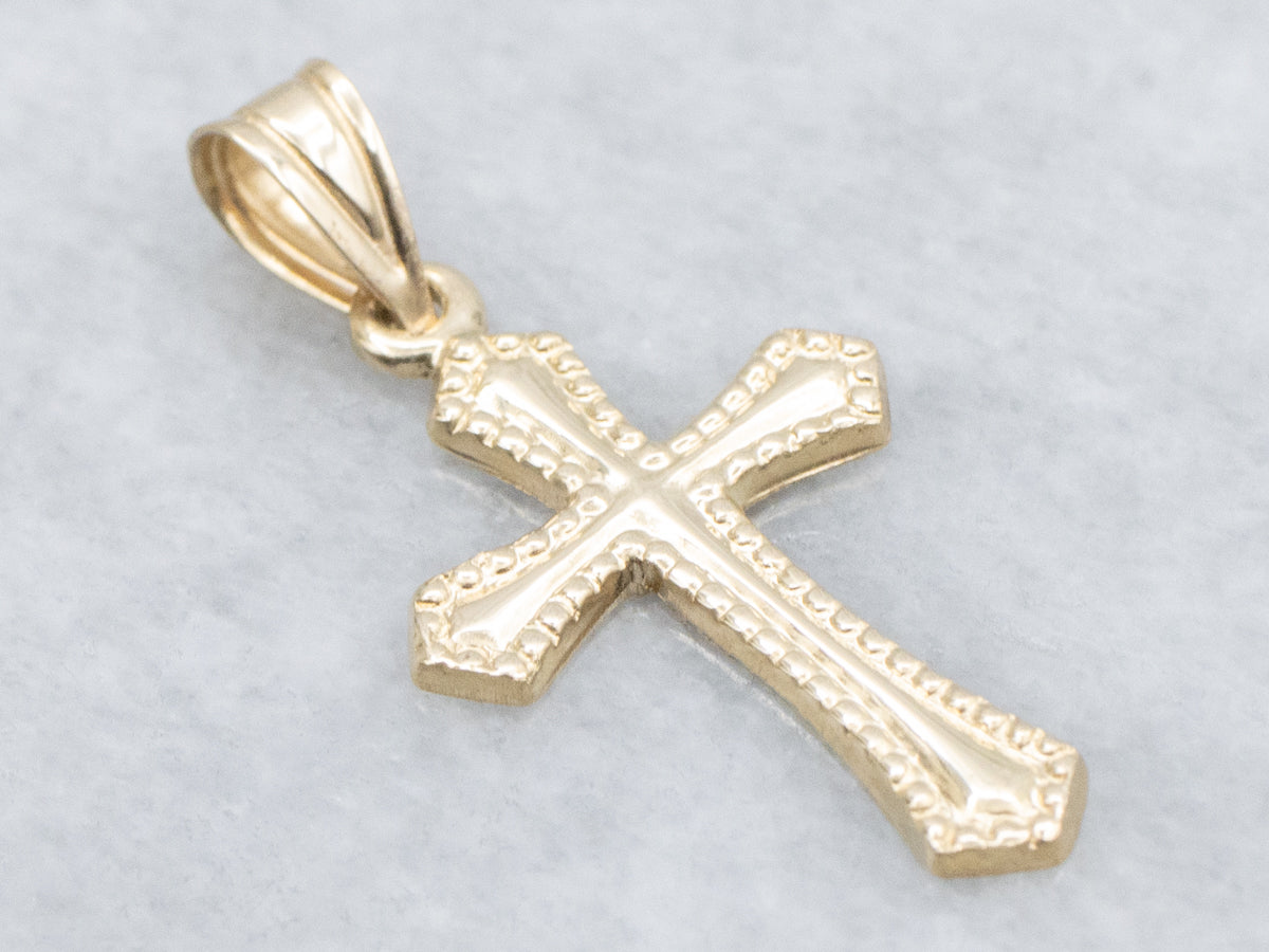 Vintage Yellow Gold Cross Pendant with Beaded Edge