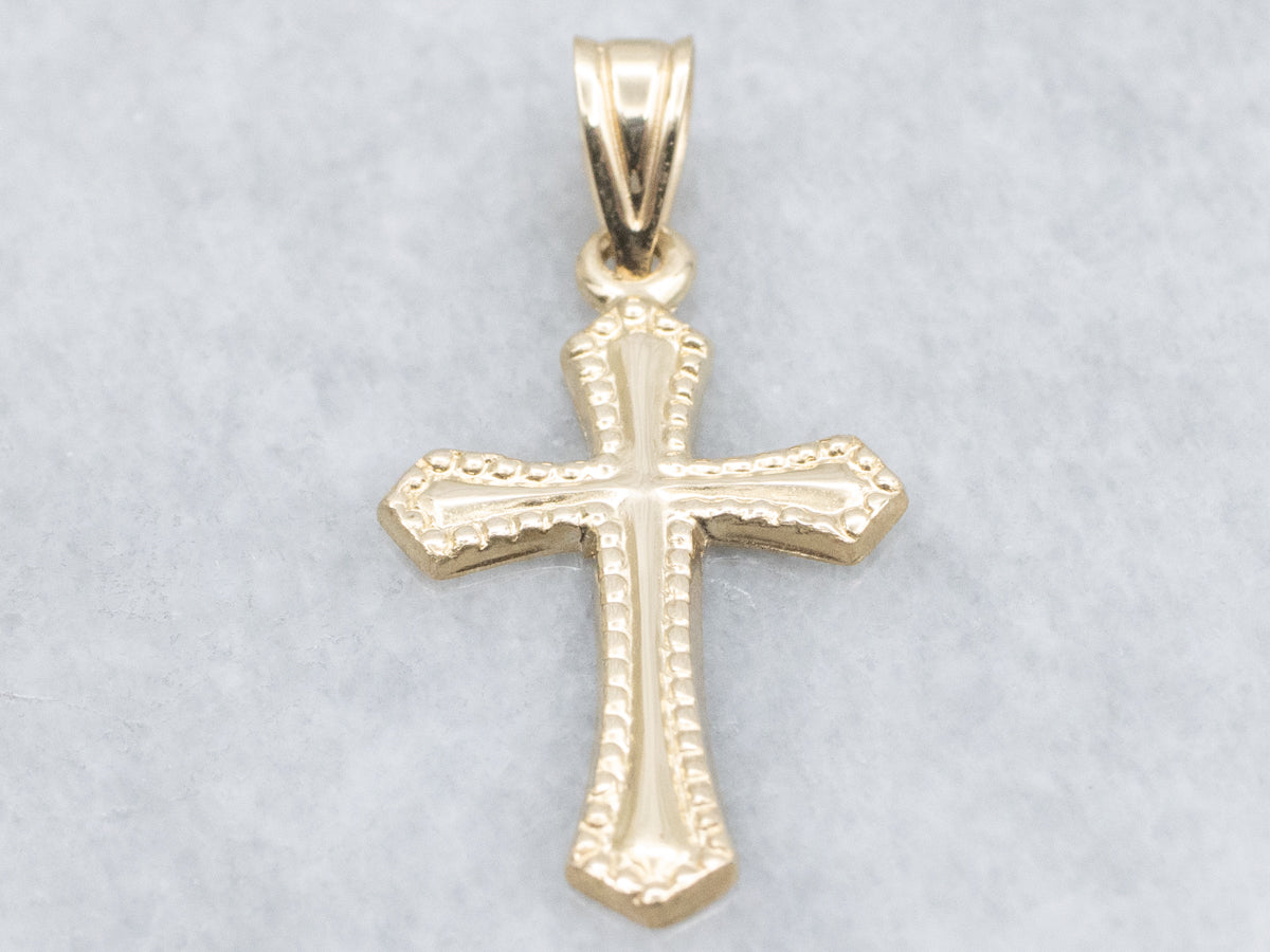 Vintage Yellow Gold Cross Pendant with Beaded Edge