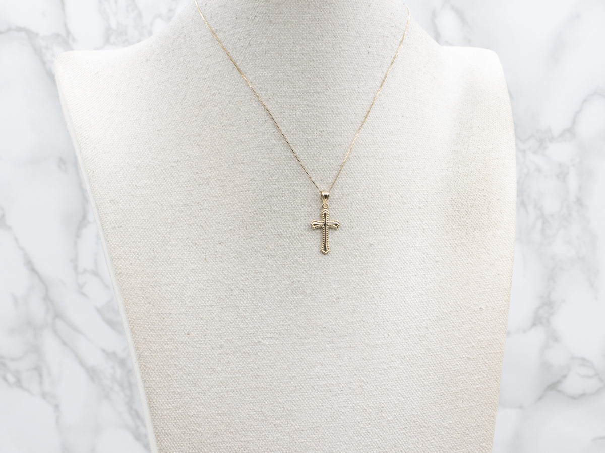 Vintage Yellow Gold Cross Pendant with Beaded Edge