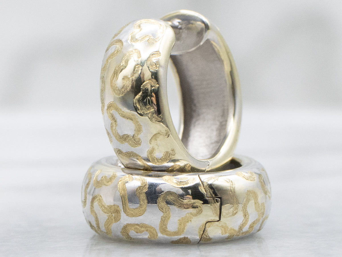 Squiggle Pattern Two Tone Huggie Hoop Earrings