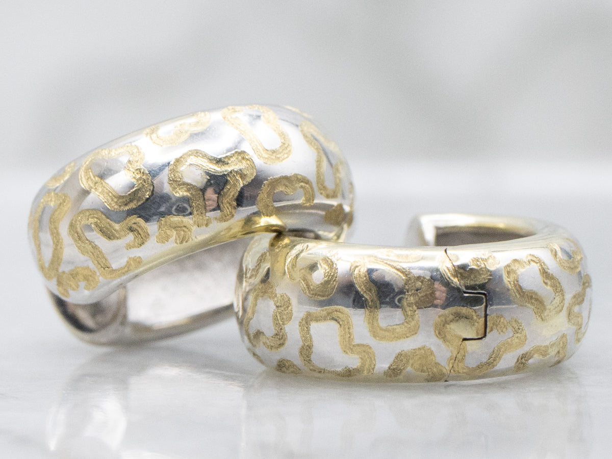 Squiggle Pattern Two Tone Huggie Hoop Earrings