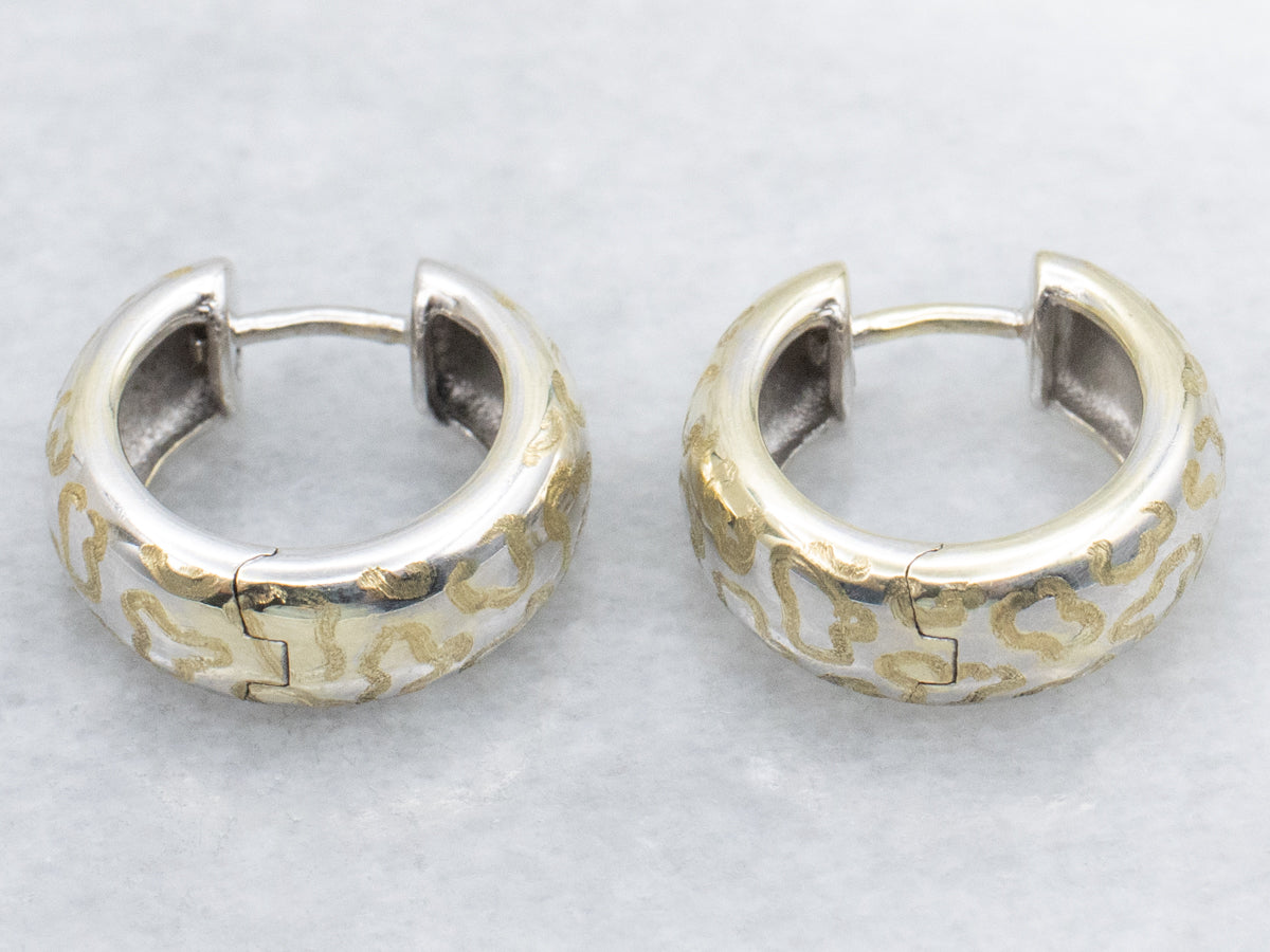Squiggle Pattern Two Tone Huggie Hoop Earrings