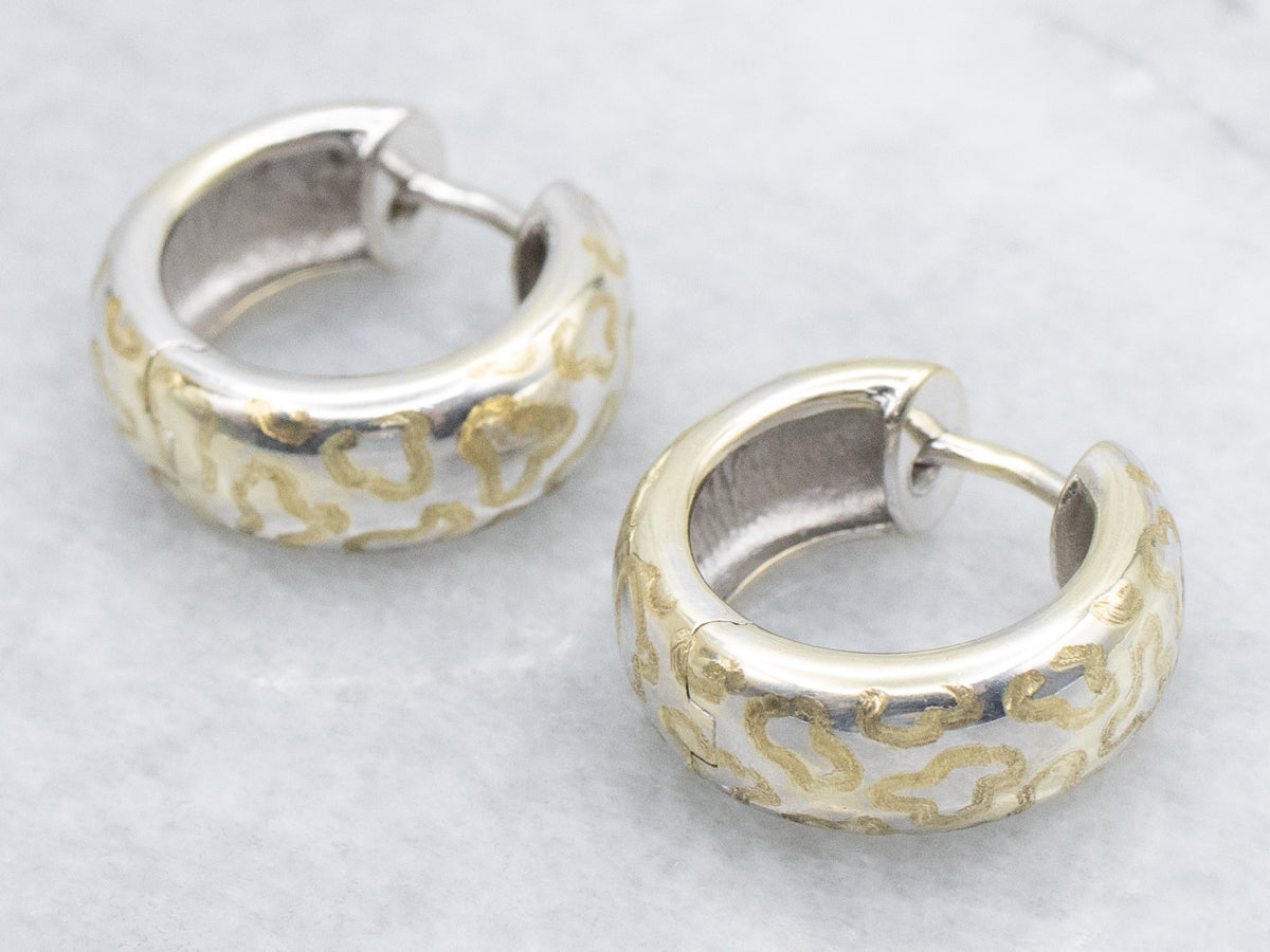 Squiggle Pattern Two Tone Huggie Hoop Earrings