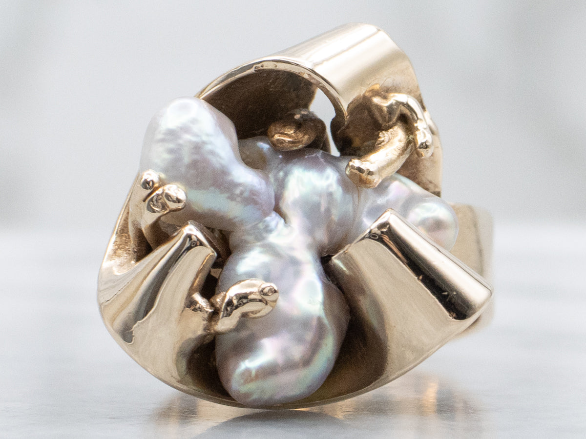 Freeform Baroque Pearl Sculptural Gold Statement Ring