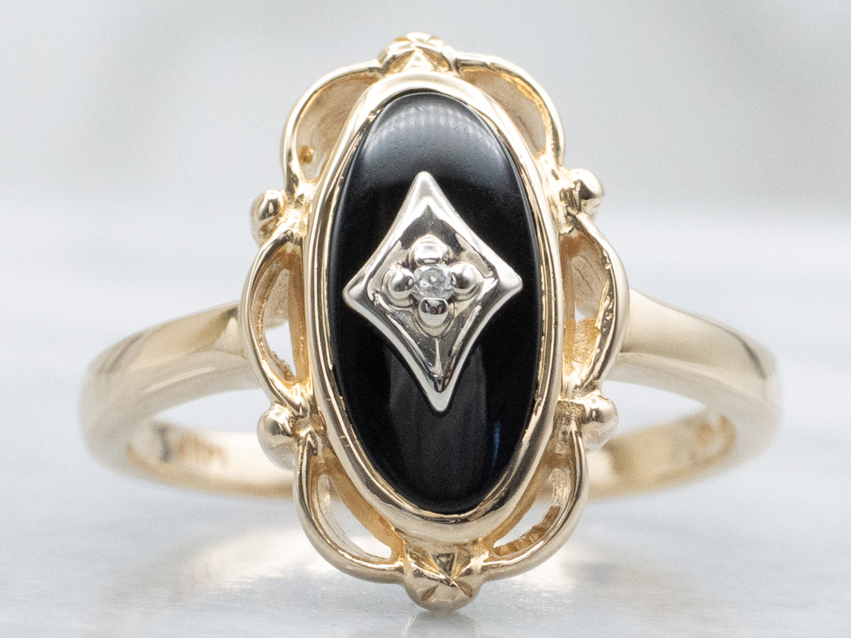 Vintage Black Onyx Ring with Diamond Center