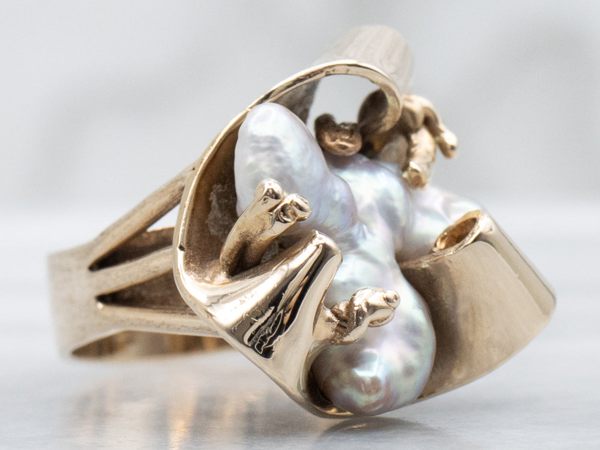 Freeform Baroque Pearl Sculptural Gold Statement Ring