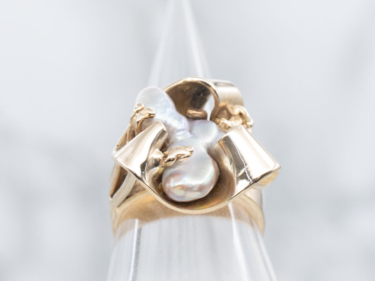 Freeform Baroque Pearl Sculptural Gold Statement Ring