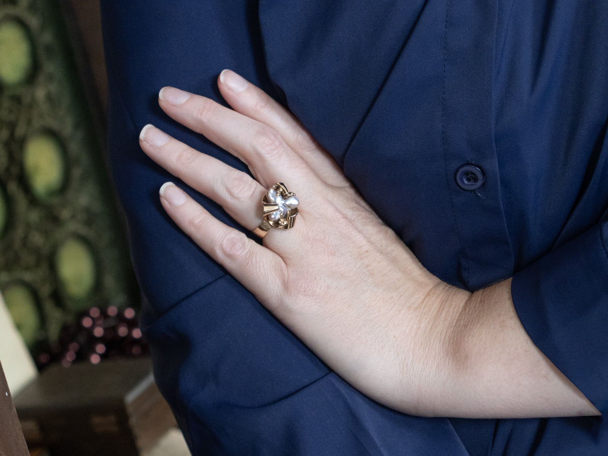 Freeform Baroque Pearl Sculptural Gold Statement Ring