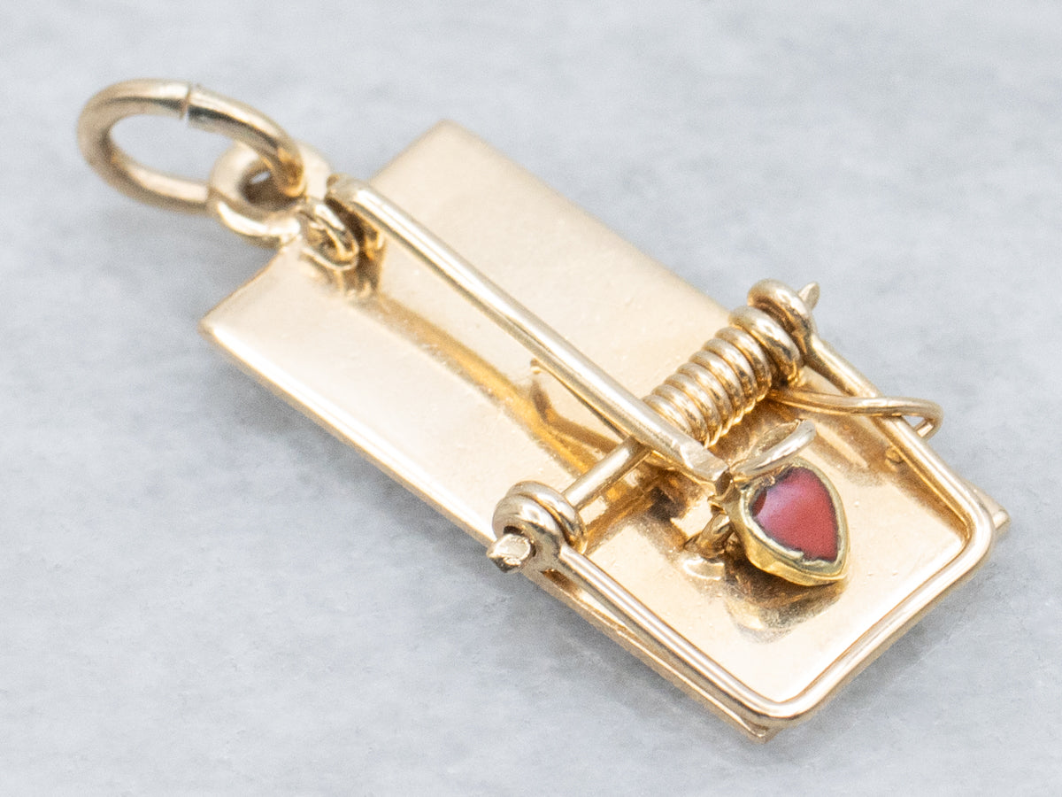 Yellow Gold Mouse Trap Charm Pendant with Red Enamel