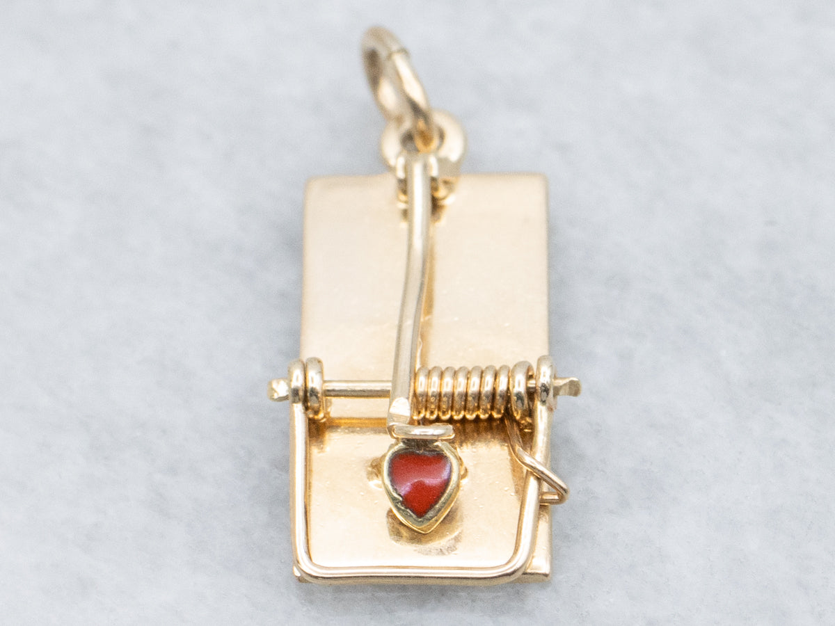 Yellow Gold Mouse Trap Charm Pendant with Red Enamel