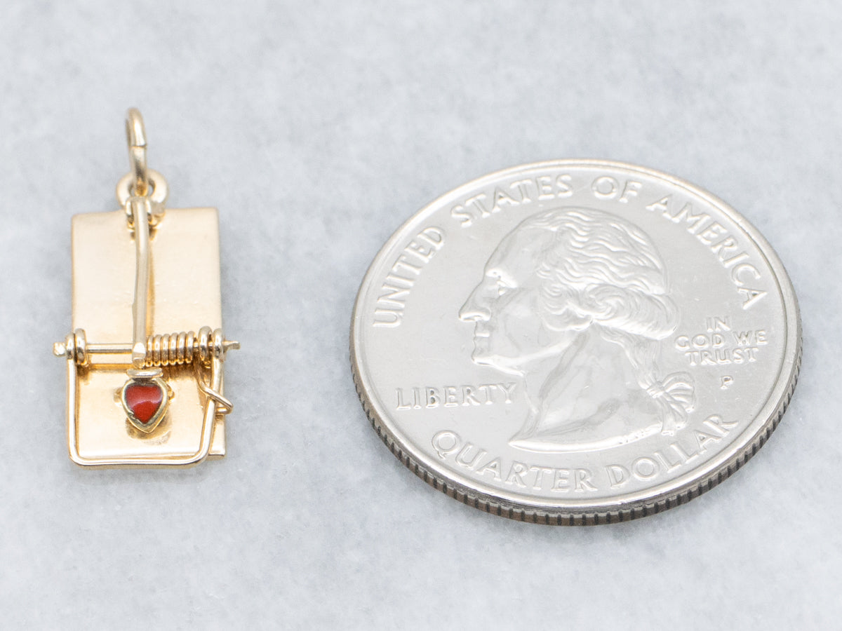 Yellow Gold Mouse Trap Charm Pendant with Red Enamel