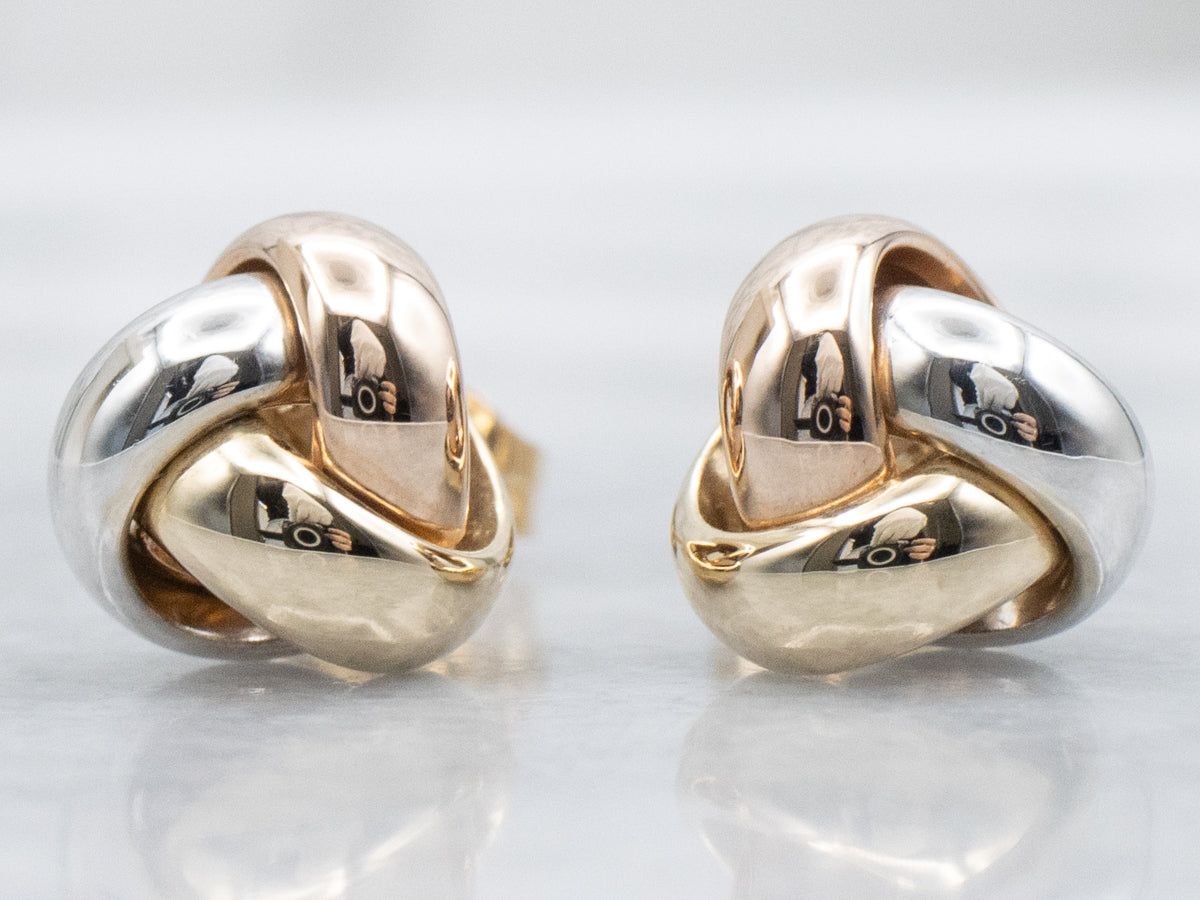 Polished Tri-Color Gold Knot Stud Earrings